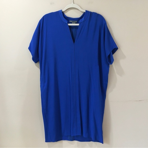 VINCE Cobalt Blue Silk Split Neck Tunic Dress Crepe Oversized Size Medium Womens - Picture 2 of 6